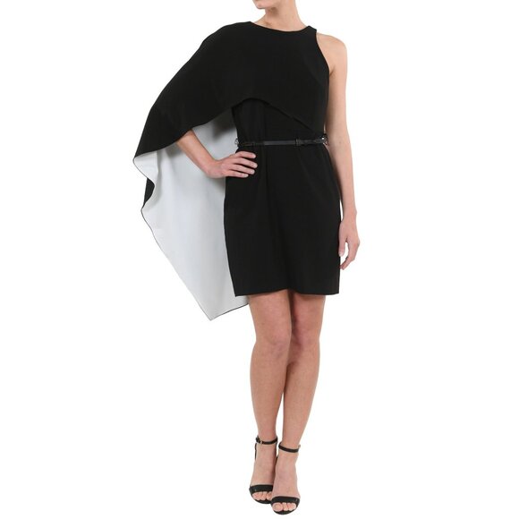 Halston Heritage Size 10 Black & White Draped Ruffle Overlay Asymmetrical Dress